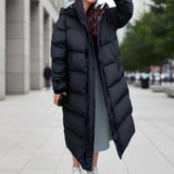 Long quilted hooded puffer coat, front view
