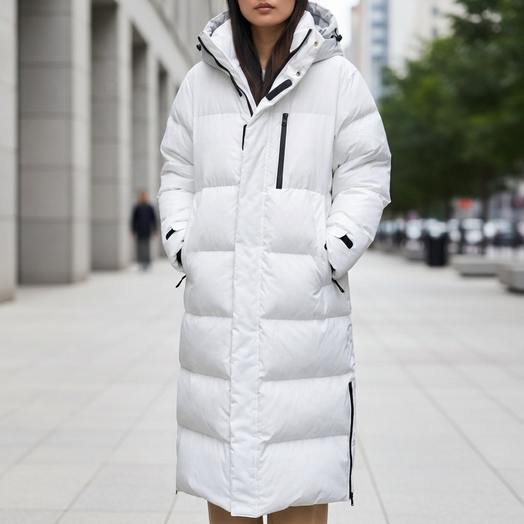 Long quilted puffer coat shown from the side