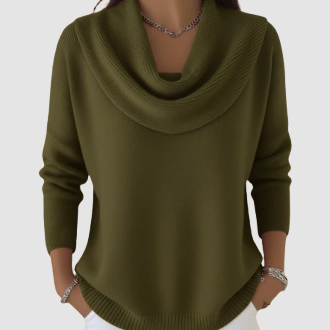 Waterfall-neck sweater shown in a third colourway