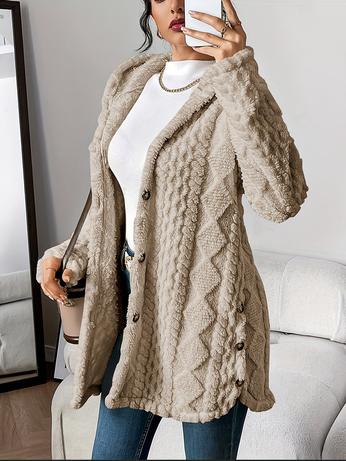 Katrien | Hooded Button-Front Textured Coat