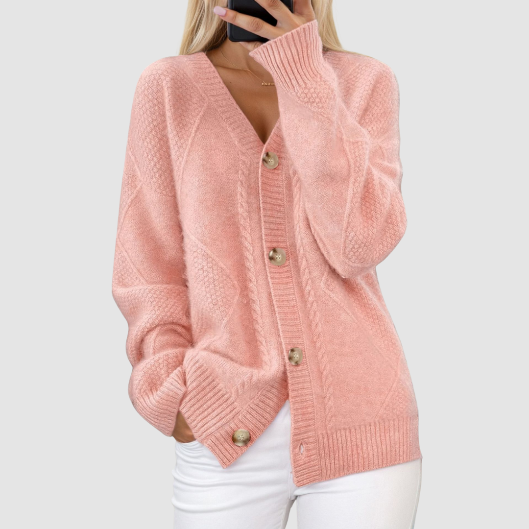 Button-front cardigan shown in a fourth colourway