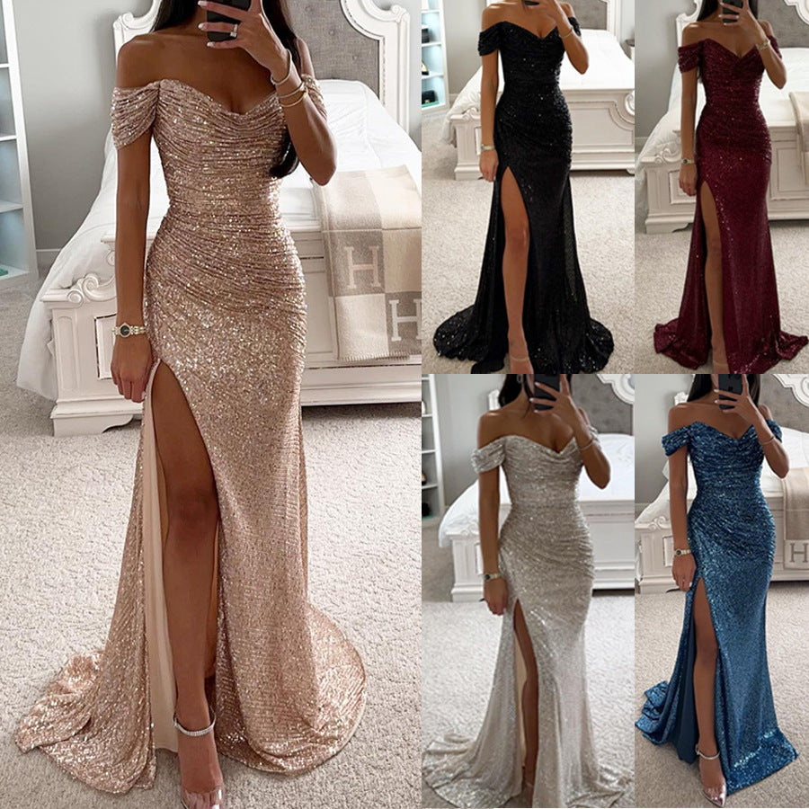Off-shoulder sequin dress showing the skirt drape