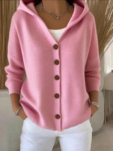 Hooded button cardigan with front pockets, front view
