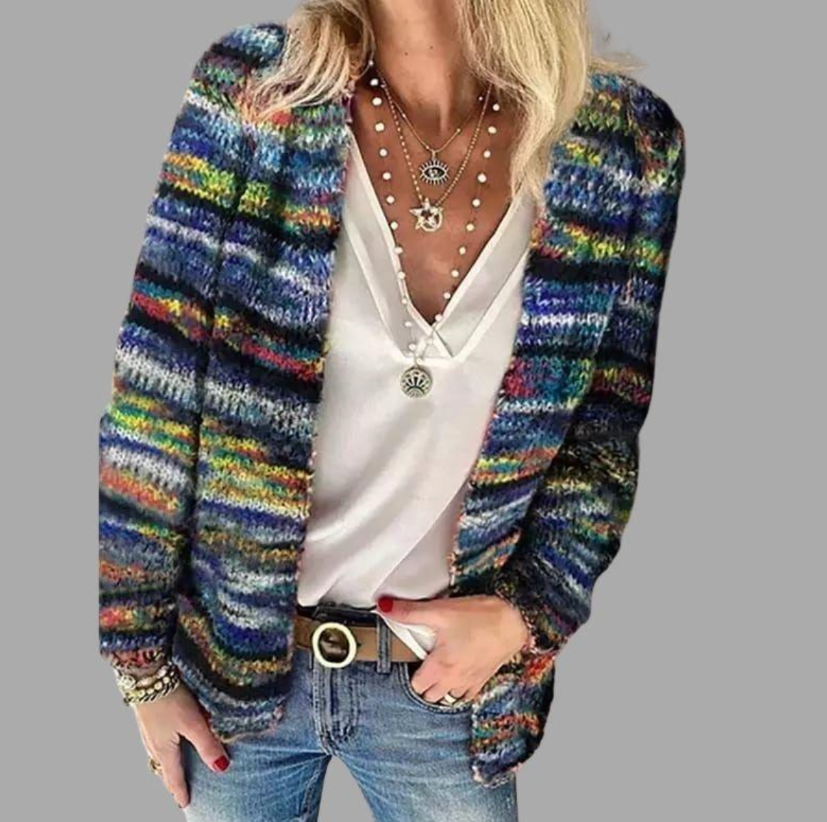 Striped cardigan shown from another angle