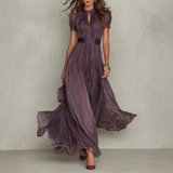 Tie-neck flowing maxi dress, front view