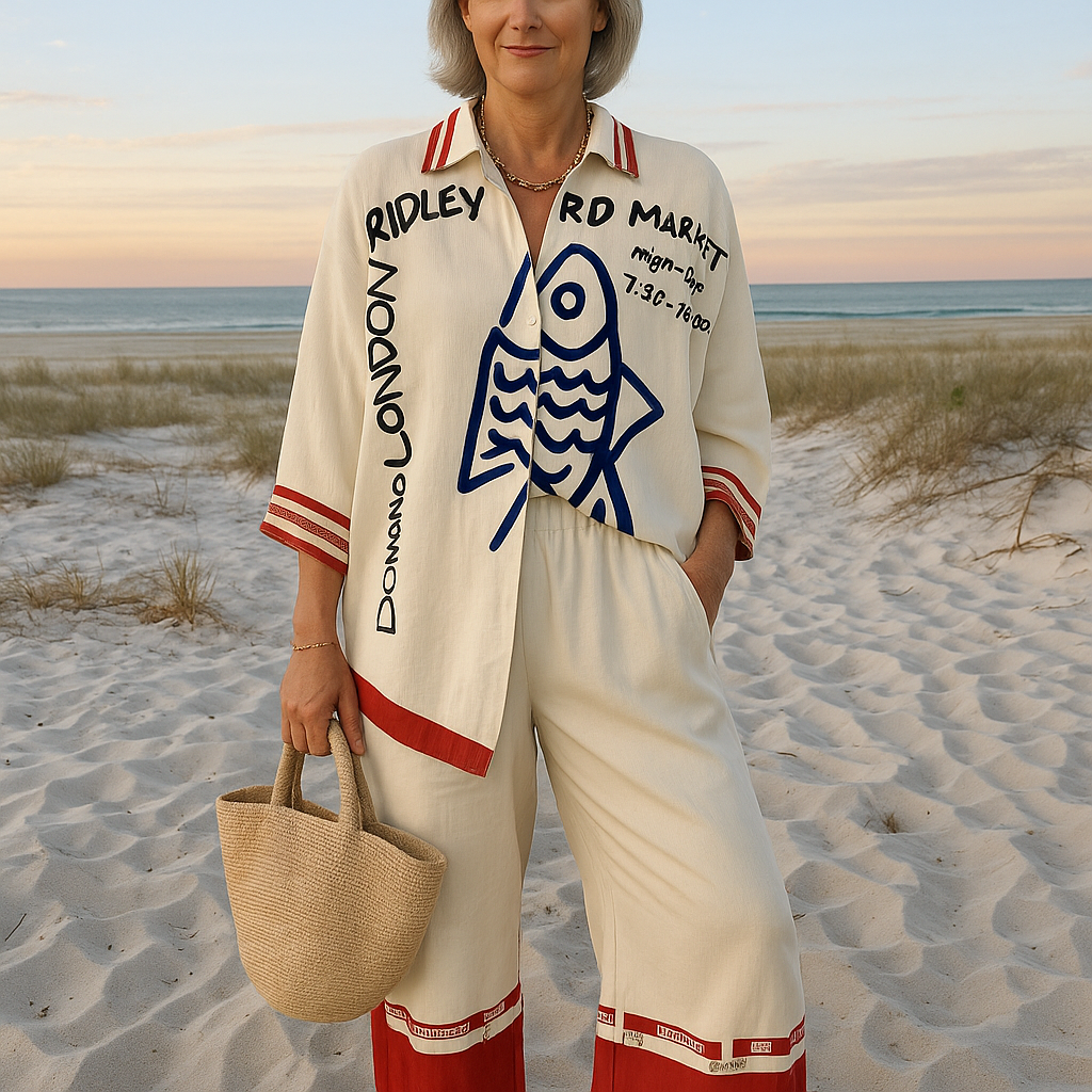 Michelle | Complete linen set with blue fish print