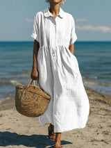 Button-front shirt dress with a collar and cinched waist, front view