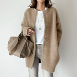 Longline relaxed knit cardigan in khaki, front view