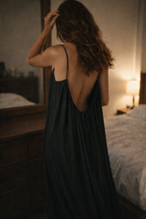 Open-back lounge slip dress at maxi length, front view