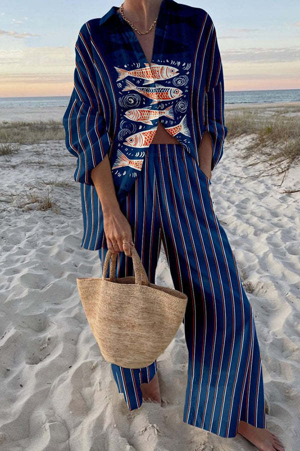 Barbara | Linen Set with Blue Koi Print.