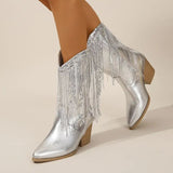 Fringed western boots on a block heel, side view
