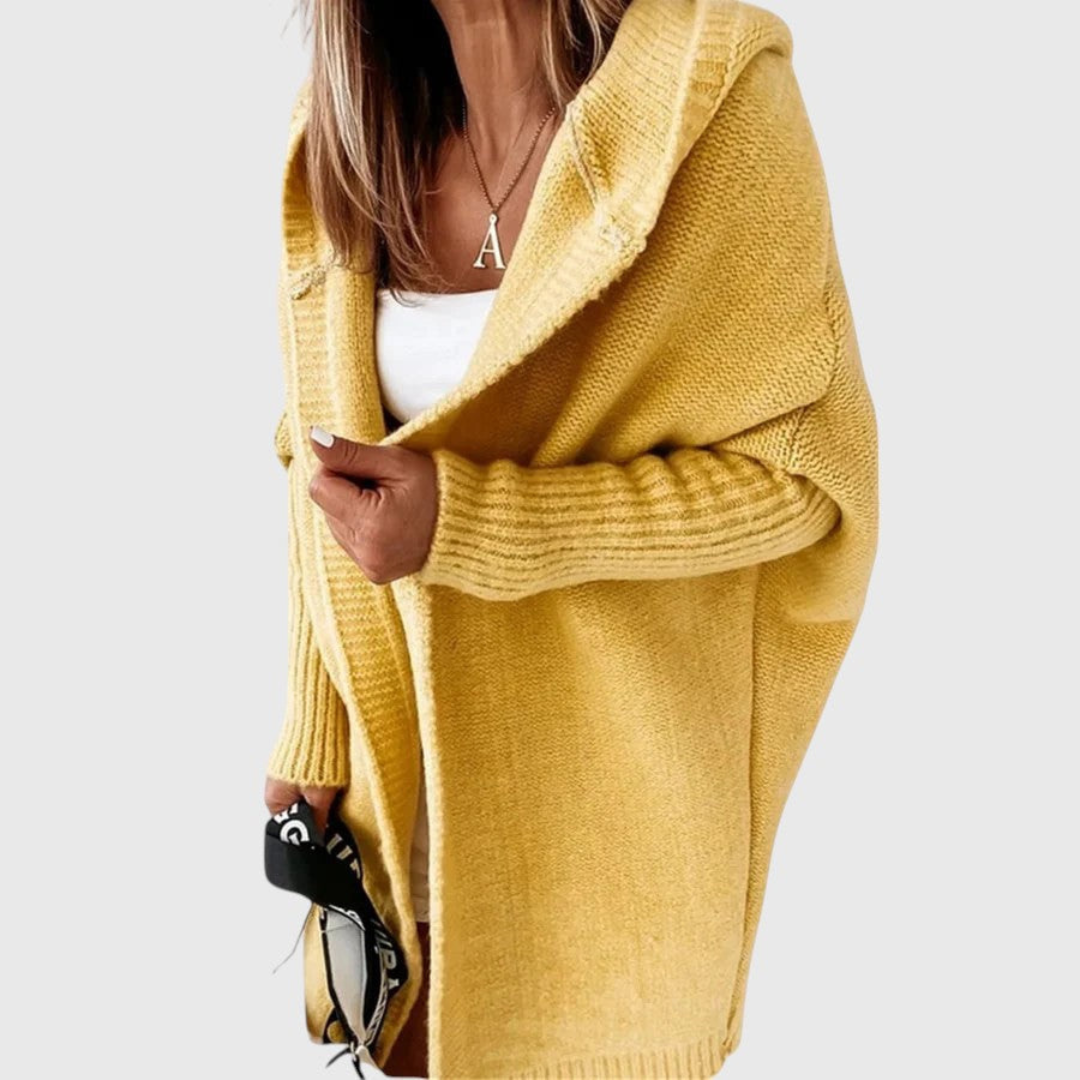 Mid-length hooded cardigan shown in a fifth colourway