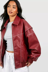 Oversized red jacket with wide lapels, front view