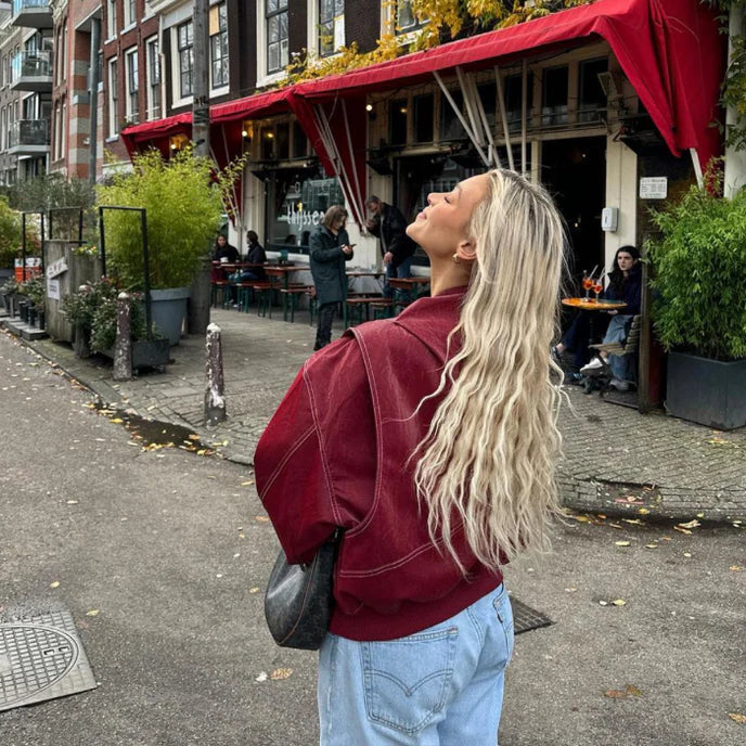 Oversized red jacket shown from the back