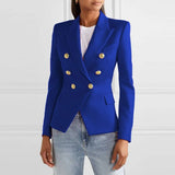 Double-breasted blazer with metal lion buttons, front view