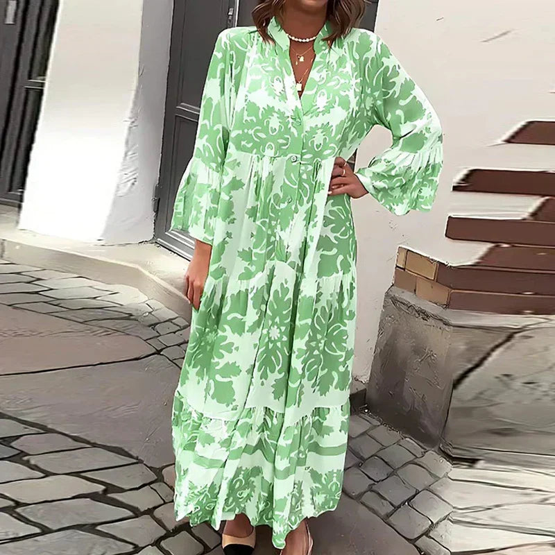 Printed midi dress photographed at an angle