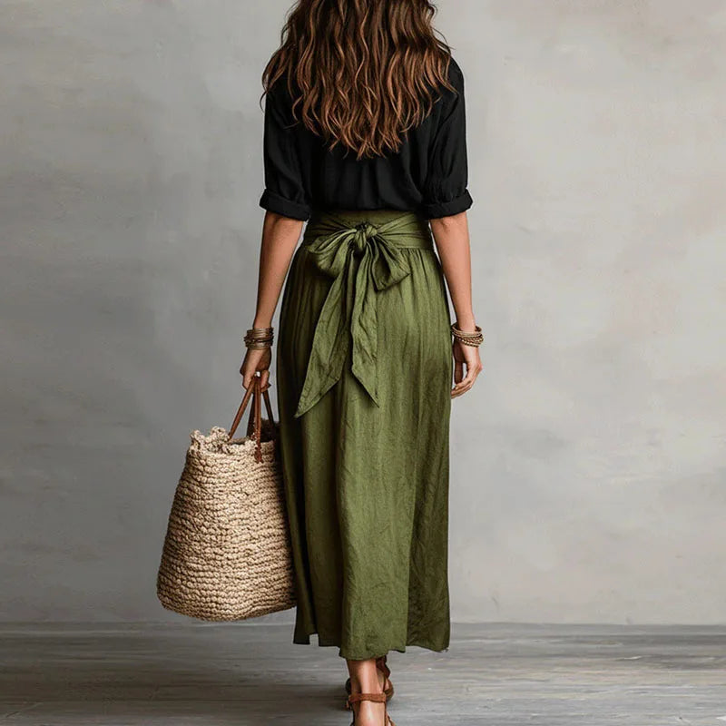 Two-piece skirt set photographed at an angle