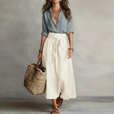 Button-down blouse and tie-waist midi skirt set, front view