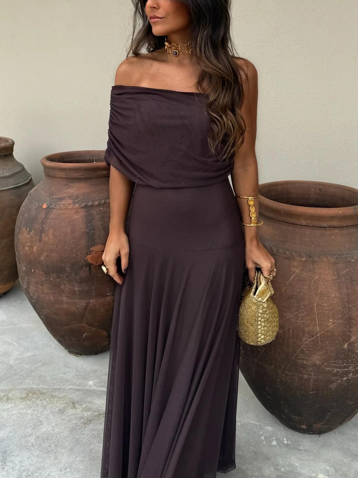 Mesh overlay maxi dress in brown, three-quarter view