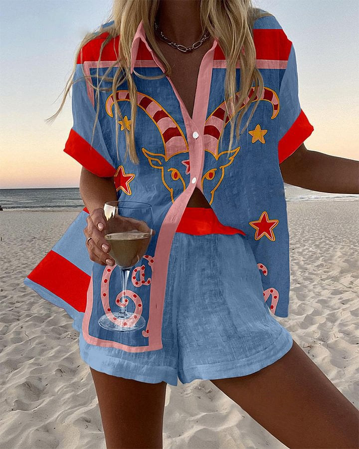 Christine | Short Linen Set with Goat Print.