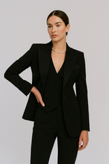 Three-piece suit set with a blazer, vest and slim trousers, front view
