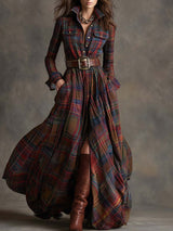 Belted button-up shirt dress with a collar, front view