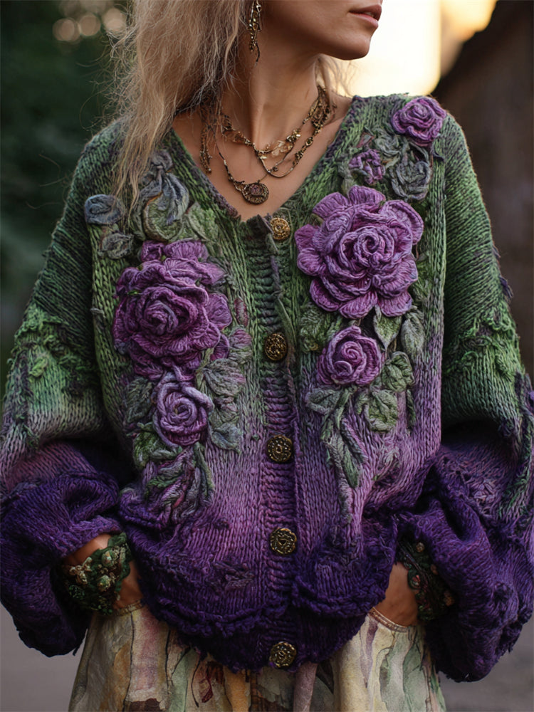 Floral open-front openwork cardigan, front view