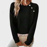One-shoulder button sweater, front view