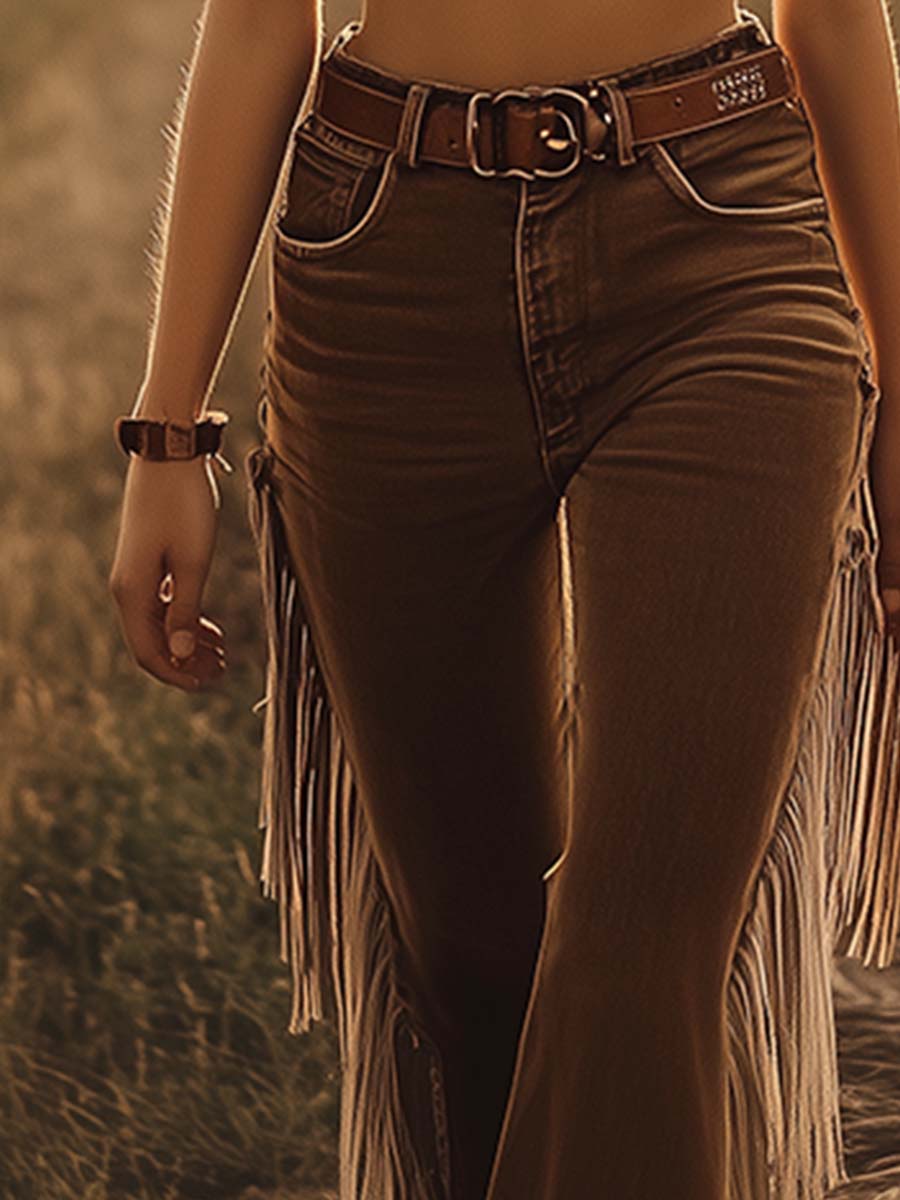 Fringed flare jeans shown in a second colourway