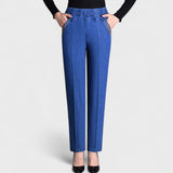 Straight-leg pants with an elastic high-rise waistband, front view