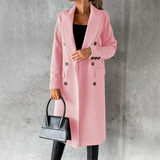 Double-breasted trench coat with a notched collar, front view