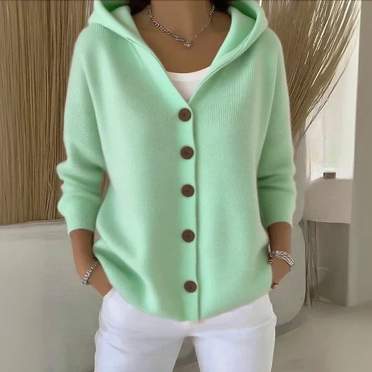 Hooded button cardigan shown in a third colourway