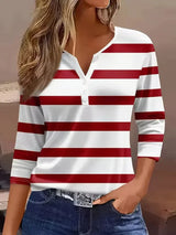 Striped V-neck top with three-quarter sleeves, front view