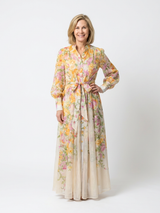 Floral maxi dress with a botanical print and long sleeves, front view