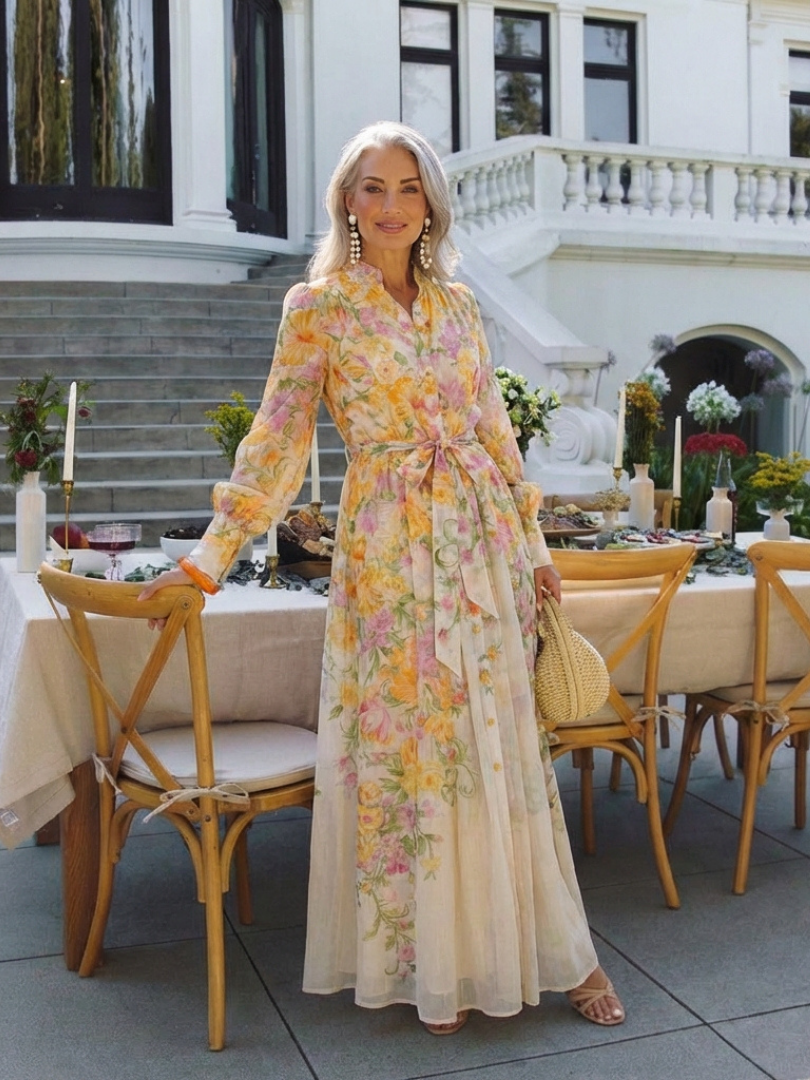 Floral maxi dress showing the floor-length hem