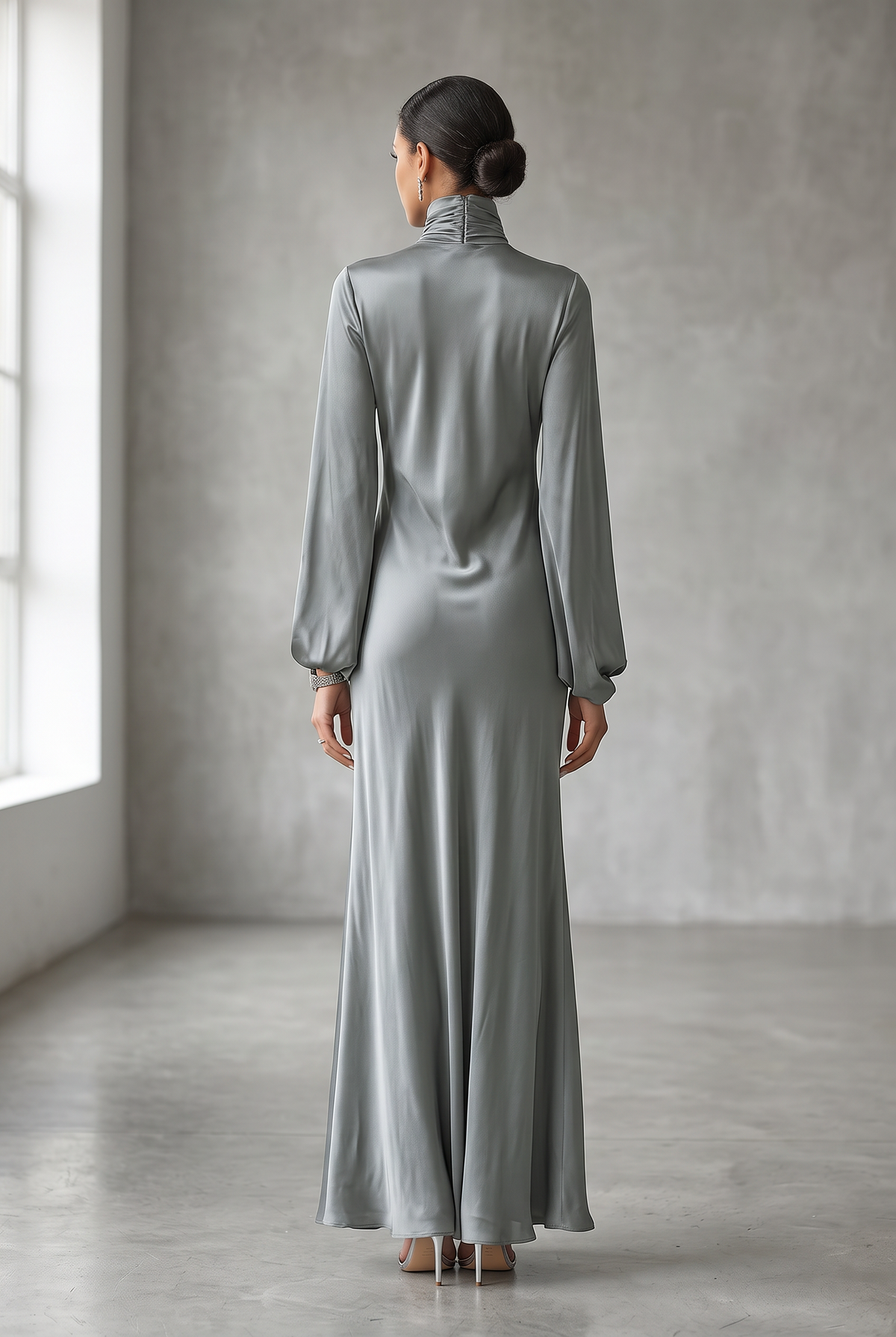 High-neck satin maxi dress shown from another angle