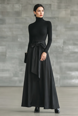 High-neck fitted flared maxi dress, front view