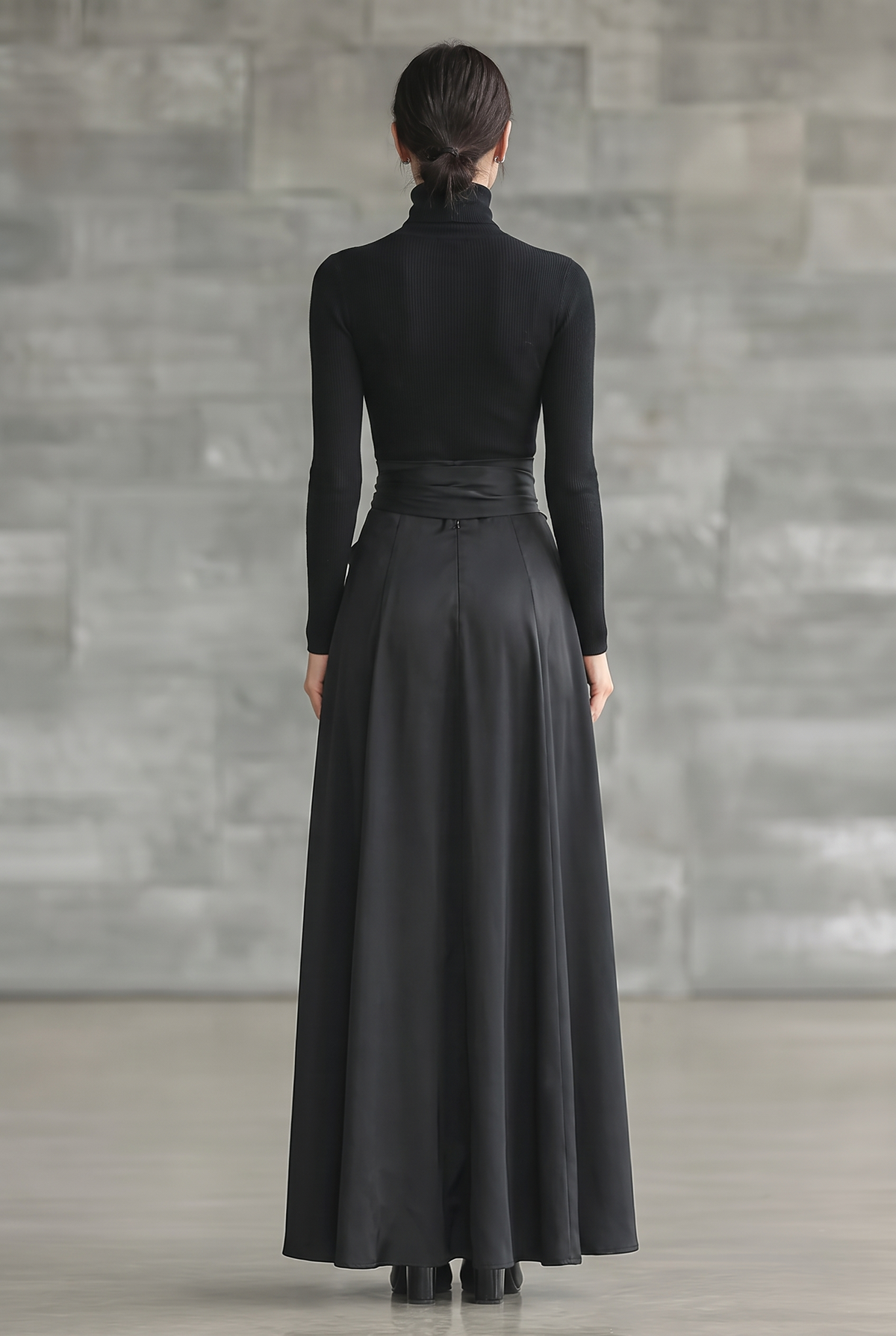 High-neck flared maxi dress shown from another angle