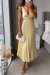 Pleated V-neck maxi dress, sleeveless, front view