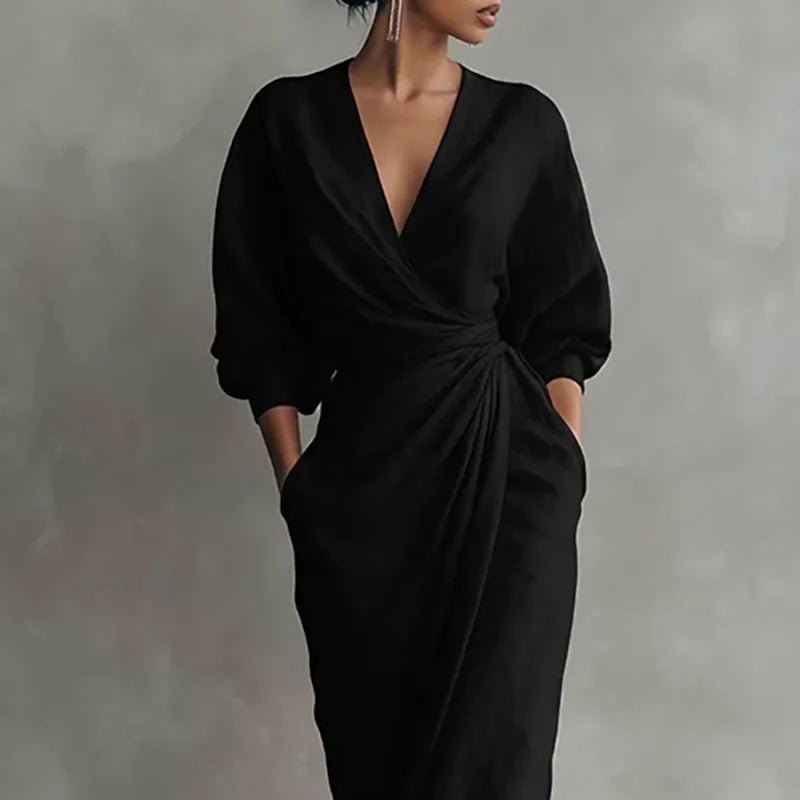 Wrap maxi dress photographed at a three-quarter angle