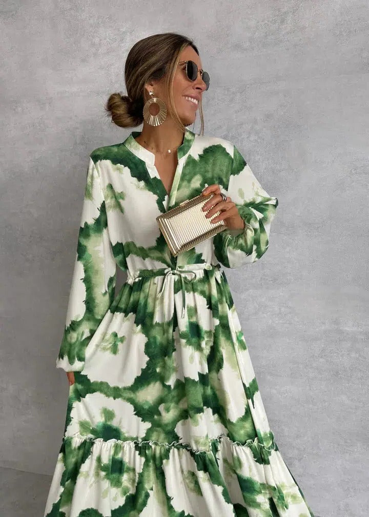 Tie-dye tiered maxi dress shown from the side