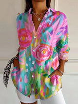 Painterly floral button-down blouse, front view