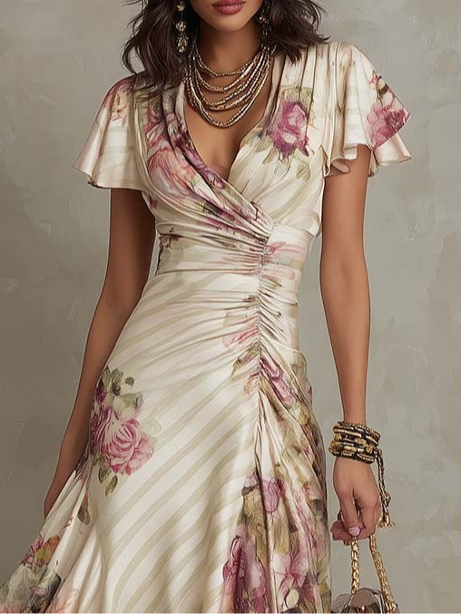 Ivory floral midi dress shown from the side