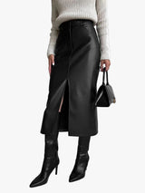 Coated midi skirt with front slit, front view