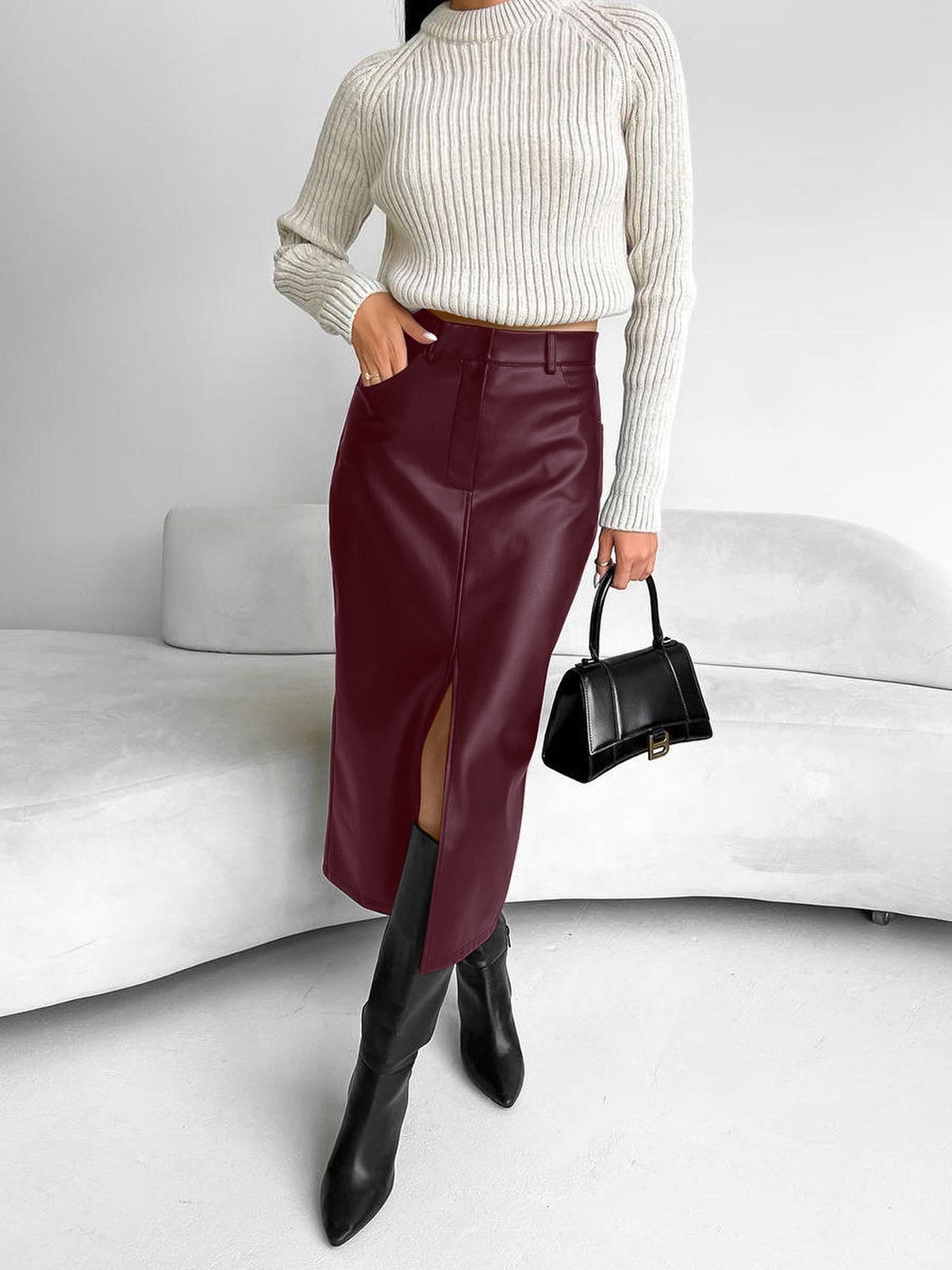 Coated midi skirt front slit detail