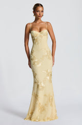 Floral corset maxi dress with spaghetti straps, front view