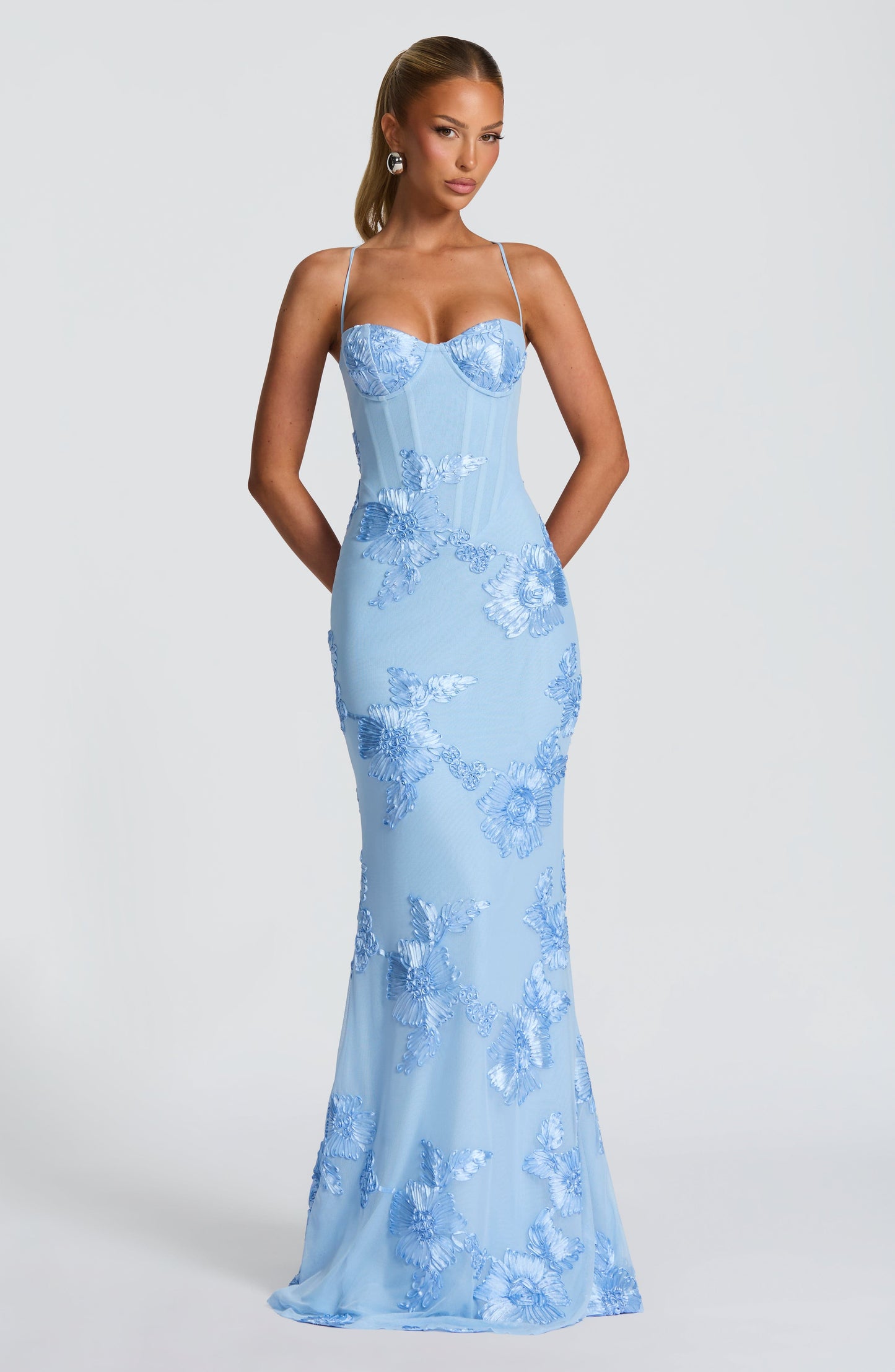 Detail of the floral print on a corset maxi dress