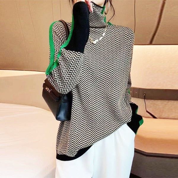 Herringbone turtleneck sweater shown from another angle
