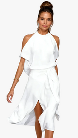 Halter-neck midi dress with cold shoulder sleeves, front view