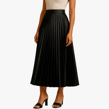 High-waist pleated satin midi skirt, front view